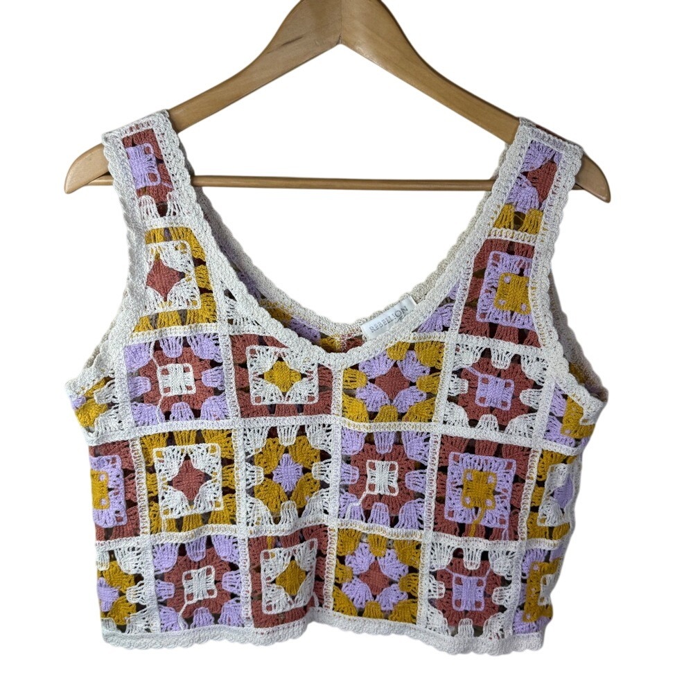 Rebellion Again Womens Crochet Top Size LG Granny Square Boho Cottagecore Hippie